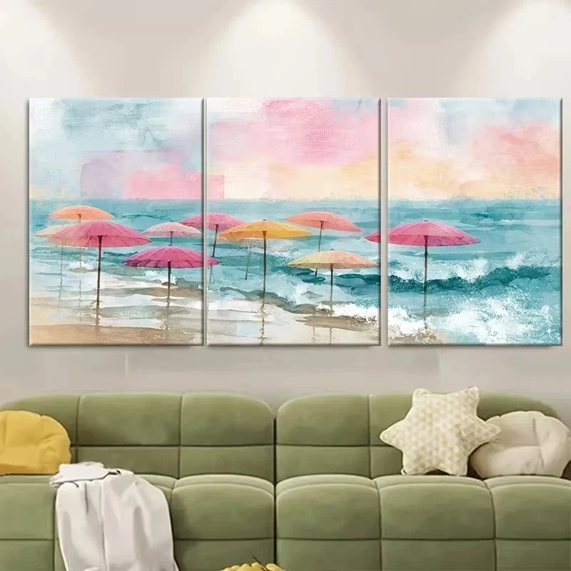 3pcs Pink Umbrellas & Ocean Waves Wall Art Set Canvas Framed 40x60cm - High Quality Print 100% Australian Made Wall Canvas Ready to Hang