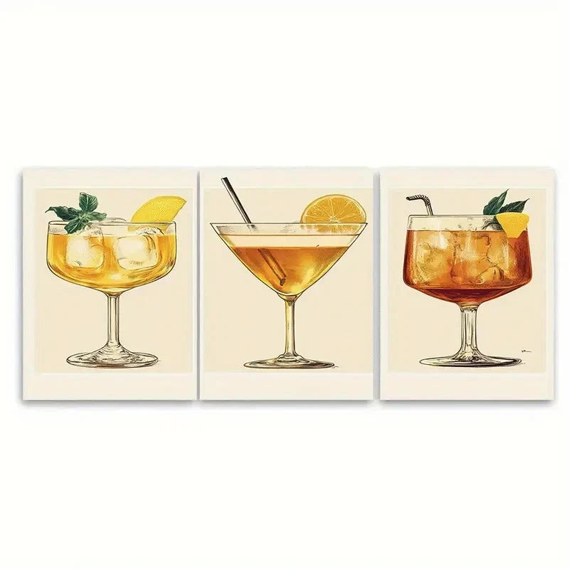 3pcs Bee'S Knees Cocktail Vintage Retro Gin Bar Wall Art Set Canvas Framed 50x70cm - High Quality Print 100% Australian Made Wall Canvas Ready to Hang