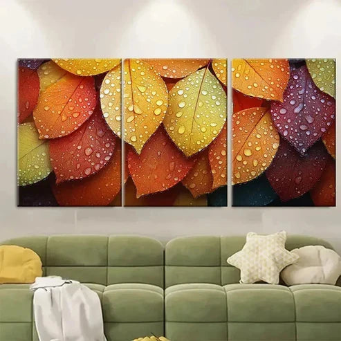 3pcs Dew Covered Leaves Wall Art Set Canvas Unframed – High Quality Print 100% Australian Made Wall Canvas