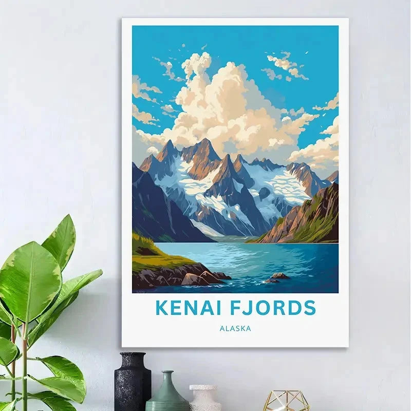 Kenai Fjords Alaska Vintage Mountains Travel Poster Print Wall Art