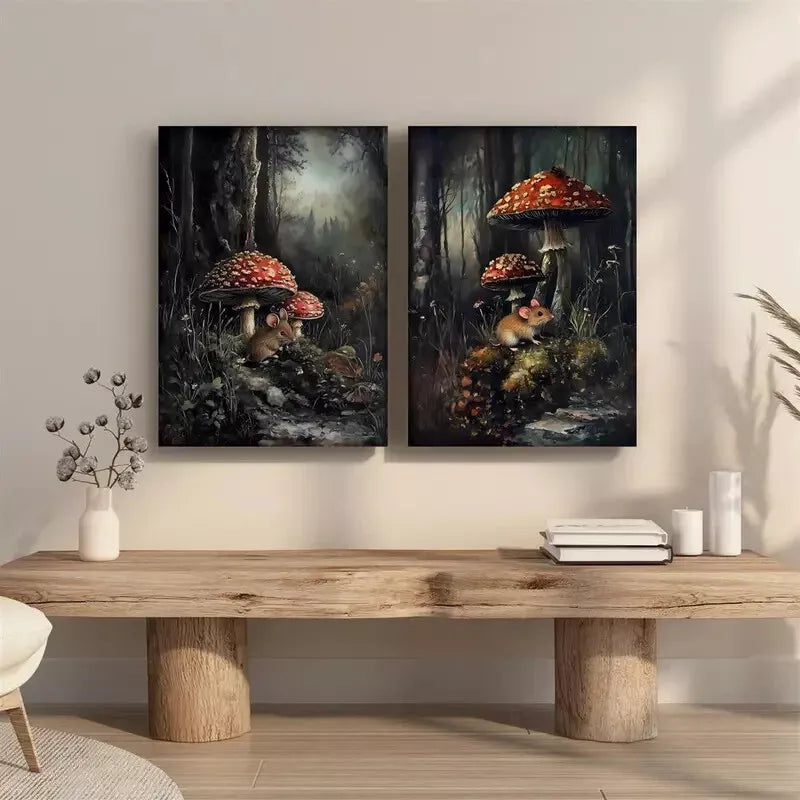 2pcs Set Enchanted Forest Mural Mushrooms & Floral Rat Framed 50x75cm - High Quality Print 100% Australian Made Wall Canvas Ready to Hang