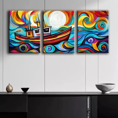 3pcs An Abstract Depiction Of A Fishing Trawler Wall Art Set Canvas Unframed - High Quality Print 100% Australian Made Wall Canvas