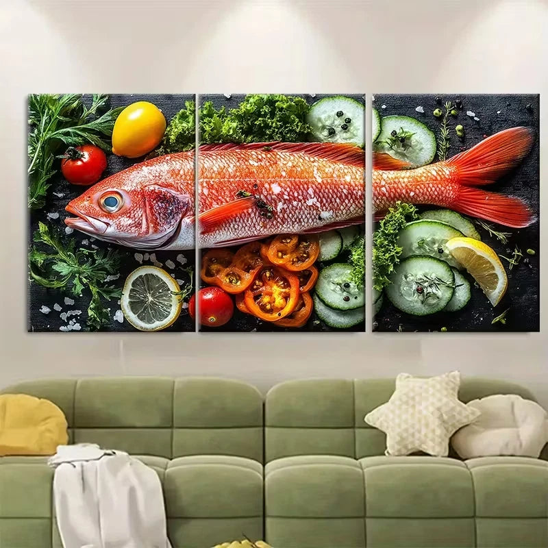 3pcs Red Fish Seafood Vegetables Metal Print Ready to Hang Art