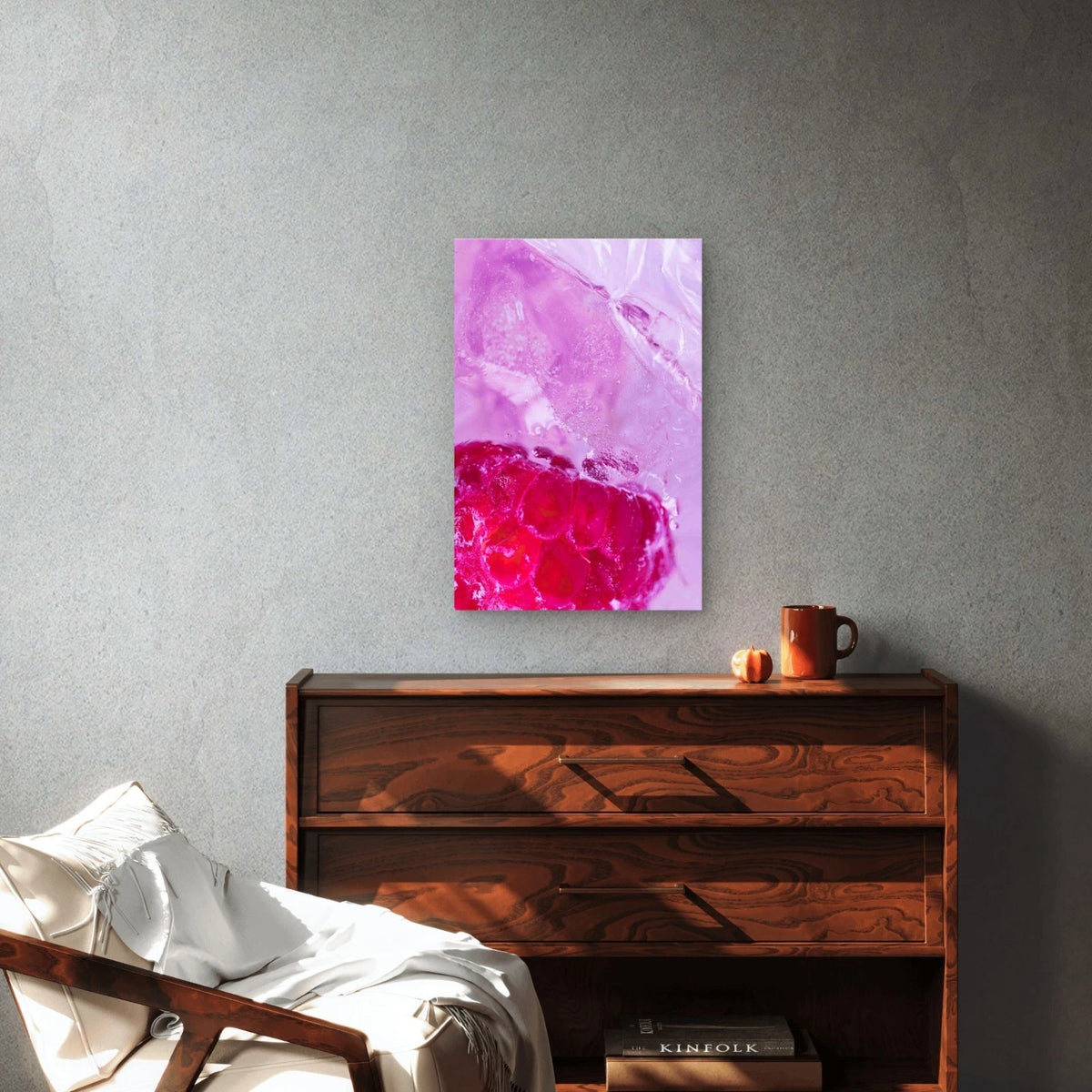Close-Up Photograph of a Frozen Raspberry Metal Print Ready to Hang
