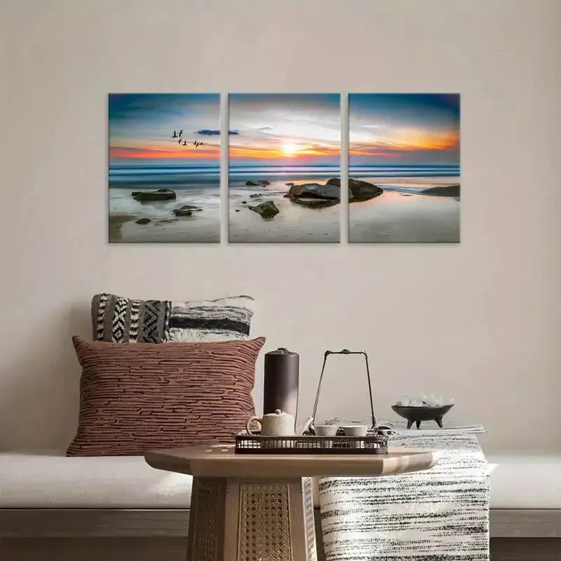 3pcs Sunset Beach Seascape with Birds Canvas Framed 40x60cm - High Quality Print 100% Australian Made Wall Canvas Ready to Hang