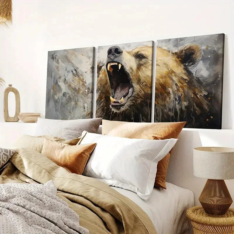 3pcs Artistic Bear Roar Canvas wall Art Set Canvas Framed 40x60cm - High Quality Print 100% Australian Made Wall Canvas Ready to Hang