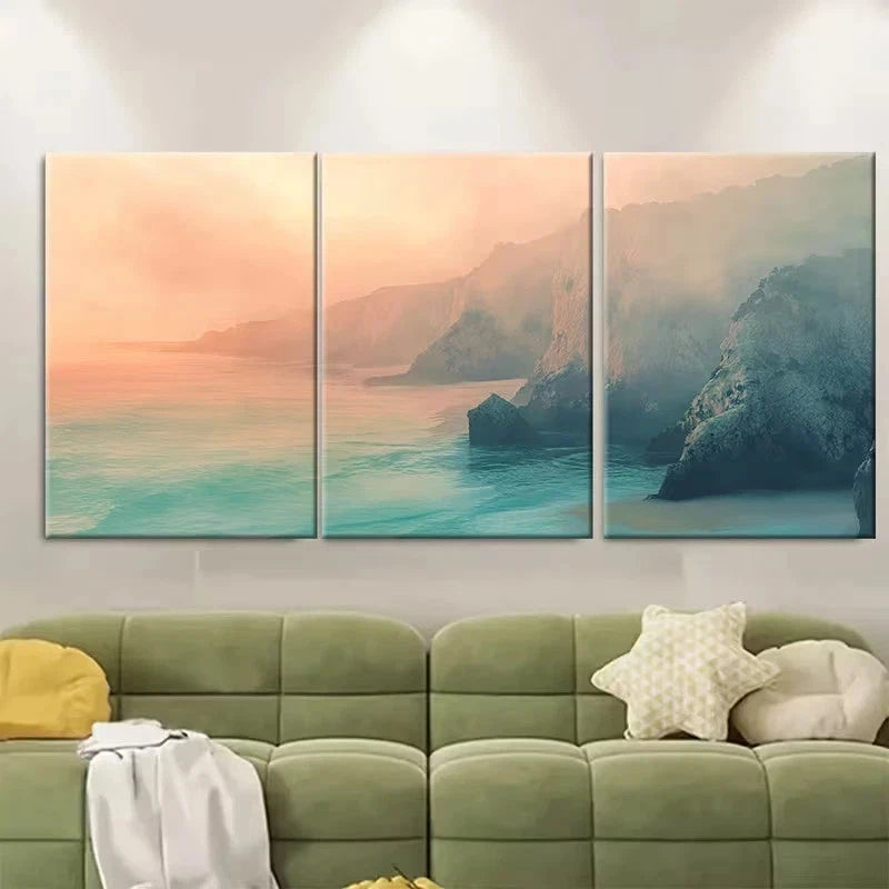 3pcs Cliffside Beaches in Golden Light Wall Art Set Canvas Framed 40x60cm - High Quality Print 100% Australian Made Wall Canvas Ready to Hang