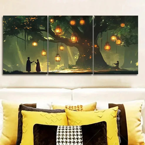 3pcs Lanterns & Old Tree Night Scene Waterproof Wall Art Set Canvas Unframed - High Quality Print 100% Australian Made Wall Canvas