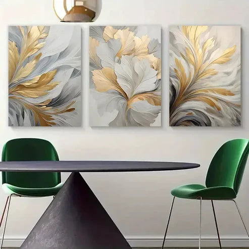3pcs Golden and White leaf Abstract Wall Art Set Canvas Unframed - High Quality Print 100% Australian Made Wall Canvas