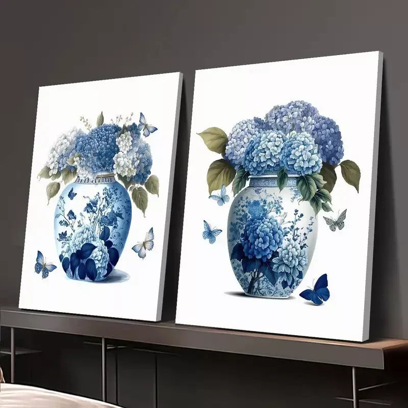2pcs Blue Hydrangea Flowers and Navy Ginger Jar Blue Canvas Framed 50x75cm - High Quality Print 100% Australian Made Wall Canvas Ready to Hang