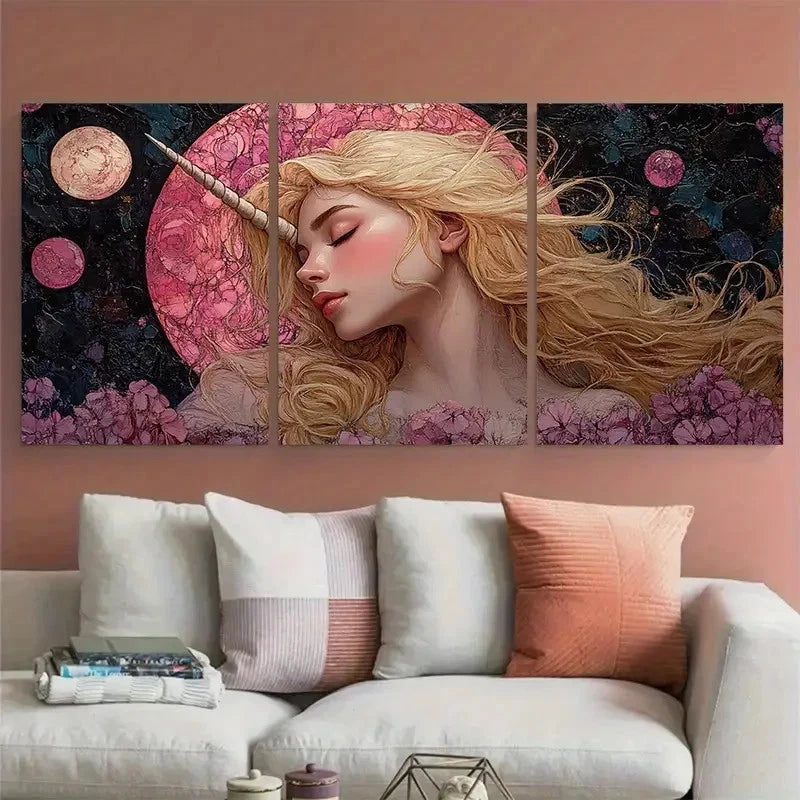 3pcs Pink Unicorn Princess Sleeping Beauty Wall Art Set Canvas Framed 40x60cm - High Quality Print 100% Australian Made Wall Canvas Ready to Hang
