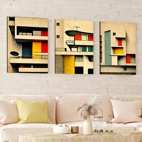 3pcs Abstract Modern Triptych Corbusier Blocks Wall Art Canvas Unframed - High Quality Print 100% Australian Made Wall Canvas
