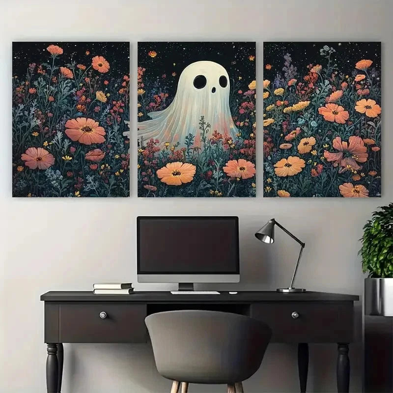 3pcs Horror Spooky Cute Ghost with Florals Wall Art Set Canvas Framed 40x60cm - High Quality Print 100% Australian Made Wall Canvas Ready to Hang