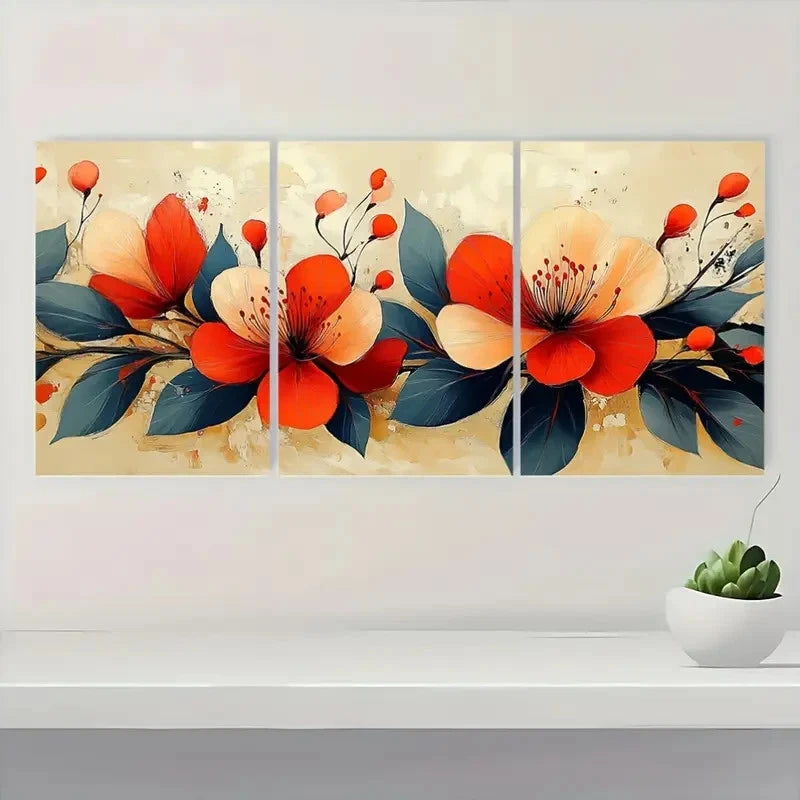 3pcs Red, Black Modern Minimalist Botanical Wall Art Set Canvas Framed 40x60cm - High Quality Print 100% Australian Made Wall Canvas Ready to Hang