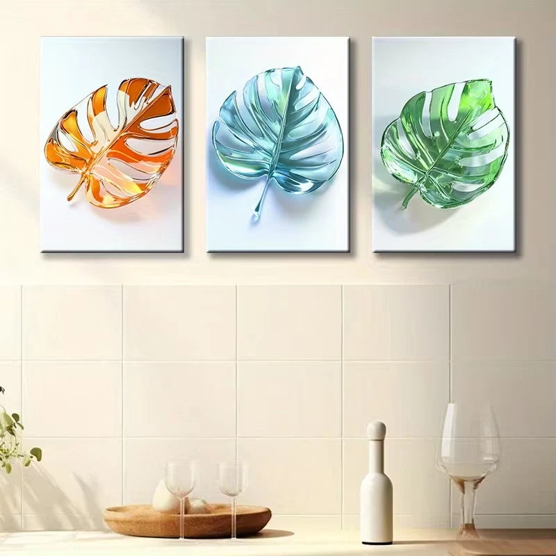 3pcs Stained Glass Leaves Design Wall Art Set Canvas Framed 50x70cm - High Quality Print 100% Australian Made Wall Canvas Ready to Hang