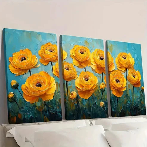 3pcs Yellow Ranunculus Painting Flowers YR Wall Art Set Canvas Unframed - High Quality Print 100% Australian Made Wall Canvas