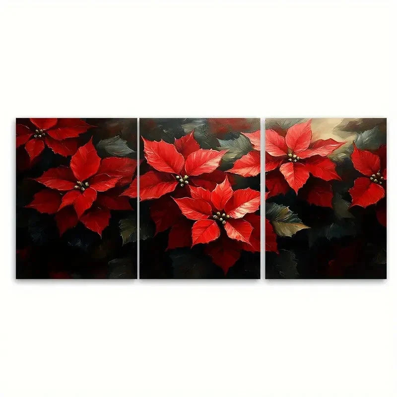 3pcs Poinsettia Flowers Impasto Design Wall Art Set Canvas Framed 60x90cm - High Quality Print 100% Australian Made Wall Canvas Ready to Hang