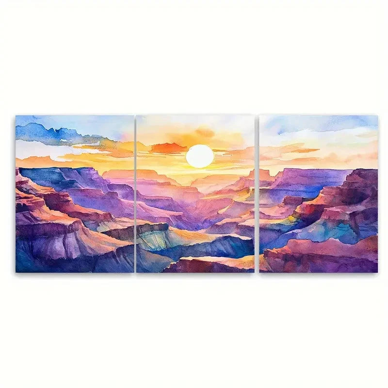 3pcs Radiant Canyon Sunset Watercolor Painting Wall Art Set Canvas Framed 40x60cm - High Quality Print 100% Australian Made Wall Canvas Ready to Hang