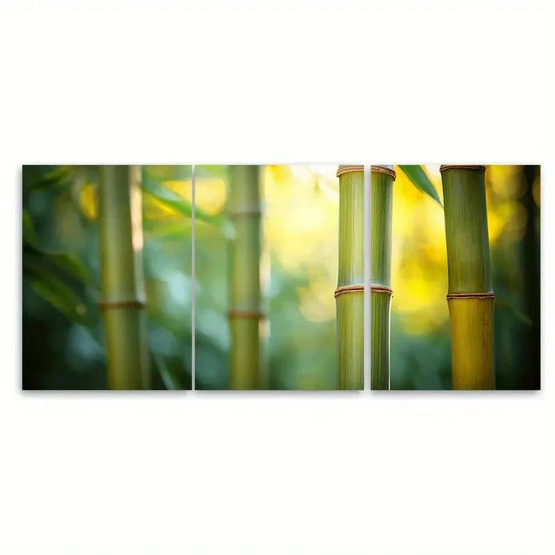 3pcs Vibrant Green Bamboo Nature Illustration Wall Art Set Canvas Framed 50x70cm - High Quality Print 100% Australian Made Wall Canvas Ready to Hang