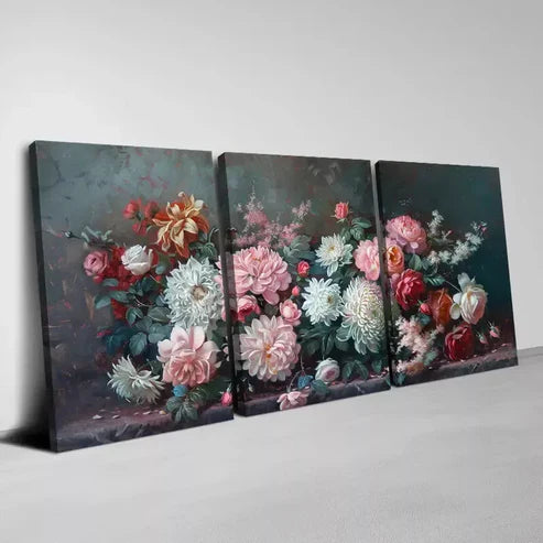 3pcs Artistic Flair, Vintage Beautiful Flowers Wall Art Set Canvas Unframed - High Quality Print 100% Australian Made Wall Canvas