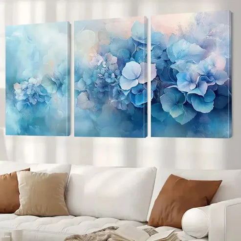 3pcs Blue Hydrangeas Summer Flowers Painting Wall Art Set Canvas Framed 60x90cm - High Quality Print 100% Australian Made Wall Canvas Ready to Hang