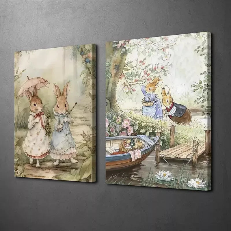 2pcs Painting of Two Rabbit Lovers Canvas Framed 50x75cm - High Quality Print 100% Australian Made Wall Canvas Ready to Hang