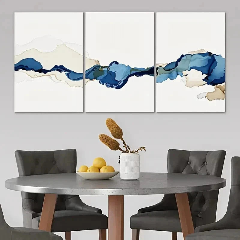 3pcs Blue and Brown Watercolor Paintings Metal Print Ready to Hang Art