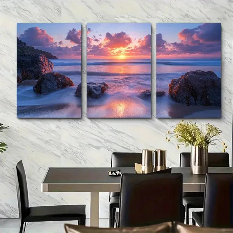 3pcs Ocean Sunset at Little Fistral Beach D Wall Art Set Canvas Framed 50x70cm - High Quality Print 100% Australian Made Wall Canvas Ready to Hang