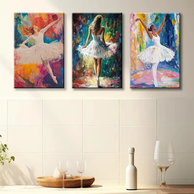 3pcs Elegant Ballerina Vibrant Illustration Wall Art Set Canvas Framed 50x70cm - High Quality Print 100% Australian Made Wall Canvas Ready to Hang