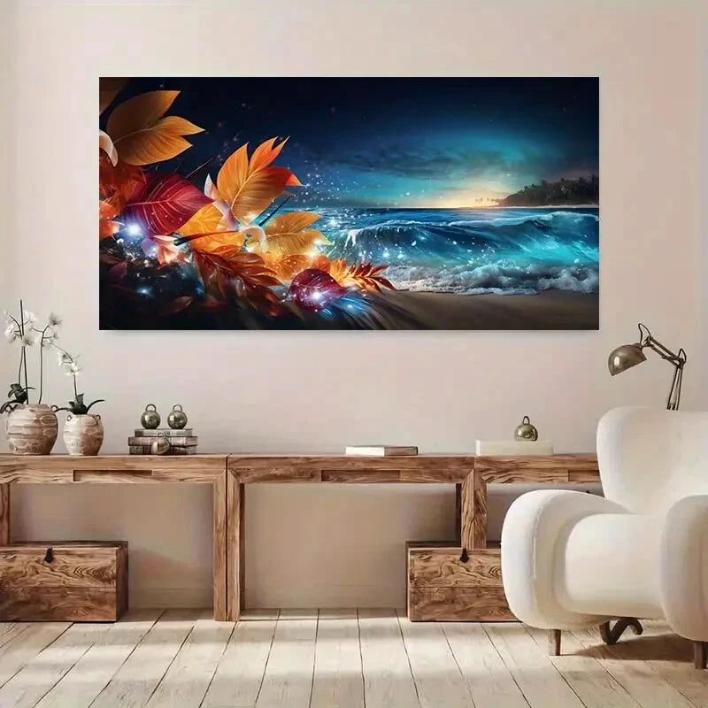 Sunset Beach and Leaves wall canvas office home room framed 120x60cm