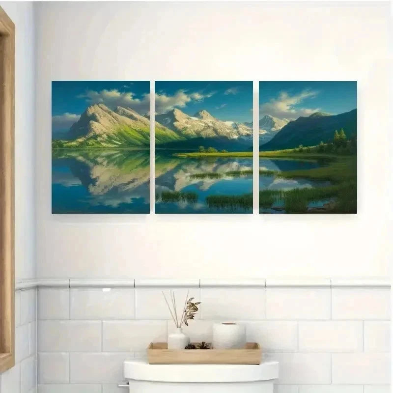 3pcsLake, Reflection, Blue Sky, Grass Wall Art Set Canvas Framed 40x60cm - High Quality Print 100% Australian Made Wall Canvas Ready to Hang