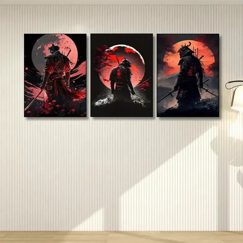 3pcs Cherry Blossom Sunset Japanese Samurai Wall Art Set Canvas Unframed - High Quality Print 100% Australian Made Wall Canvas