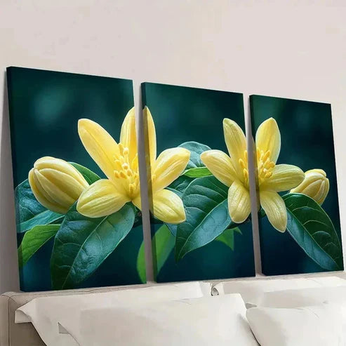 3pcs Vibrant Yellow Flowers & Green Leaves Wall Art Set Canvas Unframed – High Quality Print 100% Australian Made Wall Canvas