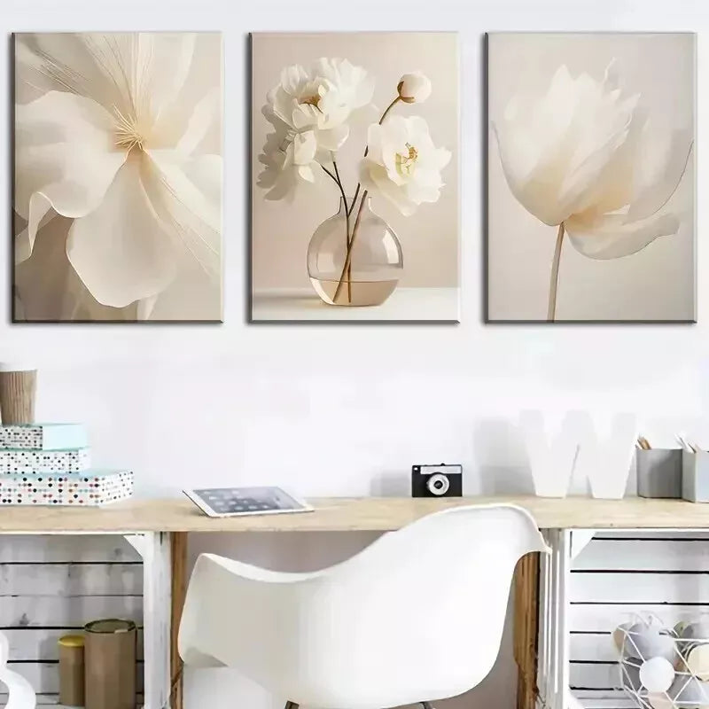 3pcs Beige Pure Flowers, Modern Beautiful Floral Wall Art Set Canvas Framed 50x70cm - High Quality Print 100% Australian Made Wall Canvas Ready to Hang