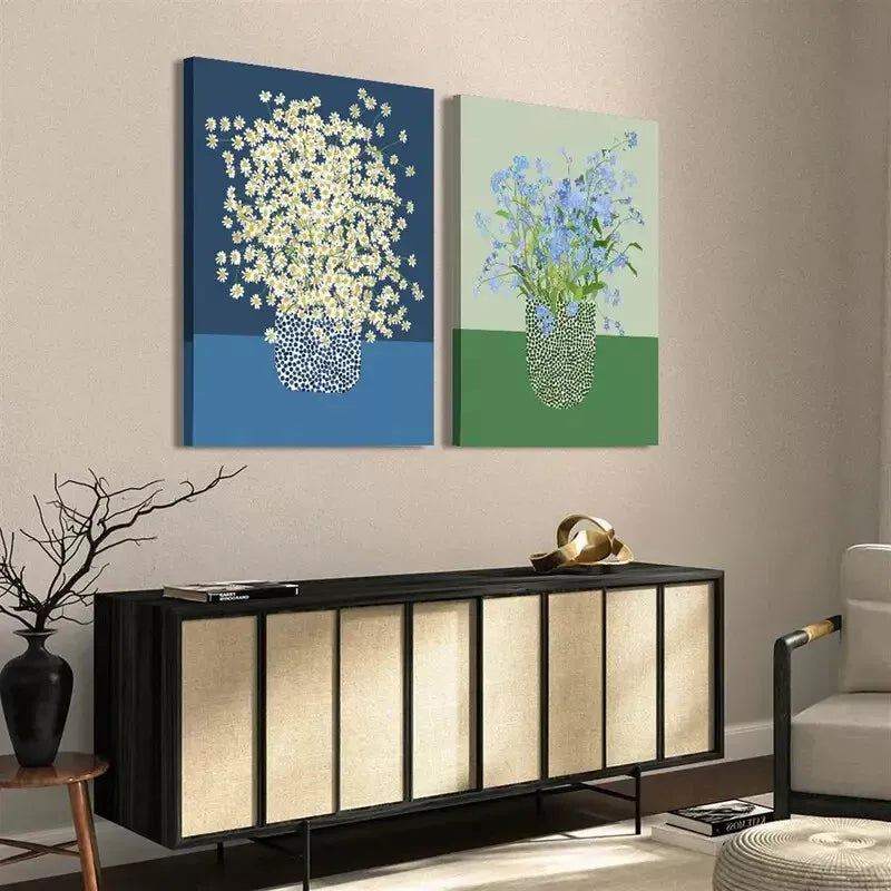 2pcs Including Chamomile Flowers, Abstract Design Canvas Framed 50x75cm - High Quality Print 100% Australian Made Wall Canvas Ready to Hang