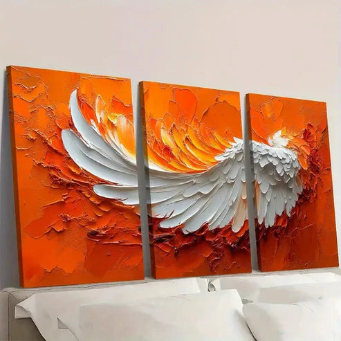 3pcs White & Orange Wing Texture OW Wall Art Set Canvas Unframed - High Quality Print 100% Australian Made Wall Canvas