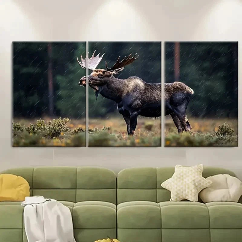 3pcs Elk Moose Rainy Day in Dark Forest Metal Print Ready to Hang Art