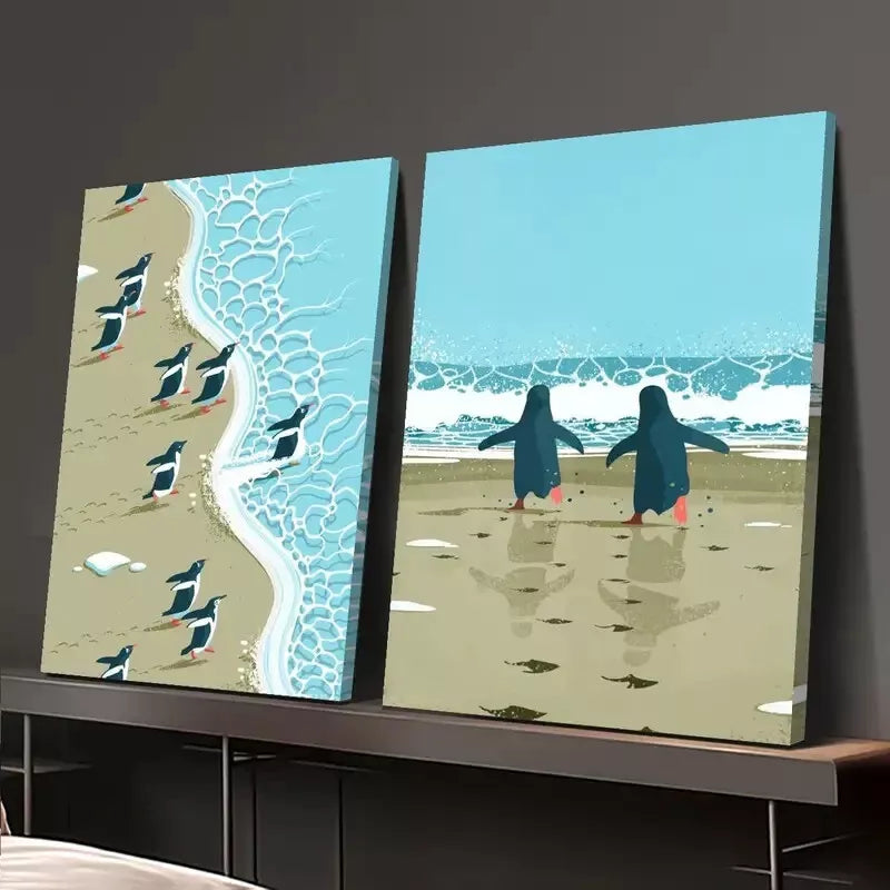 2pcs Penguins on the Beach, Minimalist Surreal Illustration Canvas Framed 50x75cm - High Quality Print 100% Australian Made Wall Canvas Ready to Hang