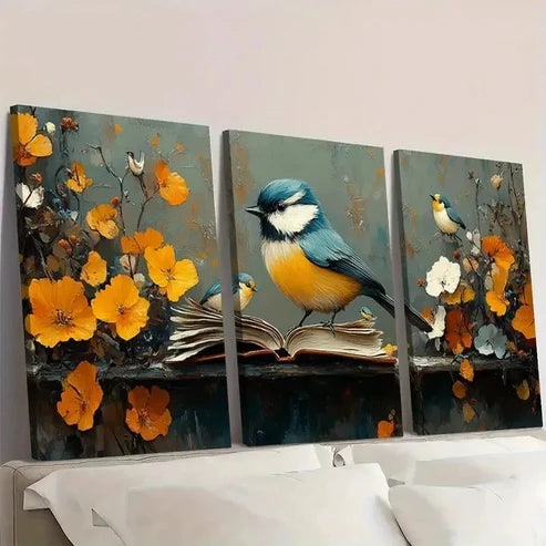 3pcs Blue Tit Birds & Vibrant Orange Flower R Wall Art Set Canvas Unframed - High Quality Print 100% Australian Made Wall Canvas - Bella Home Decor