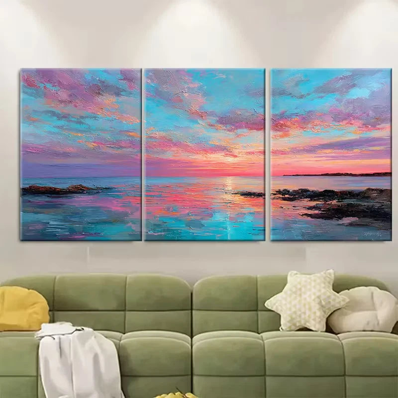 3pcs Tranquil Coastal Sunset Ocean Painting Metal Print Ready to Hang Art