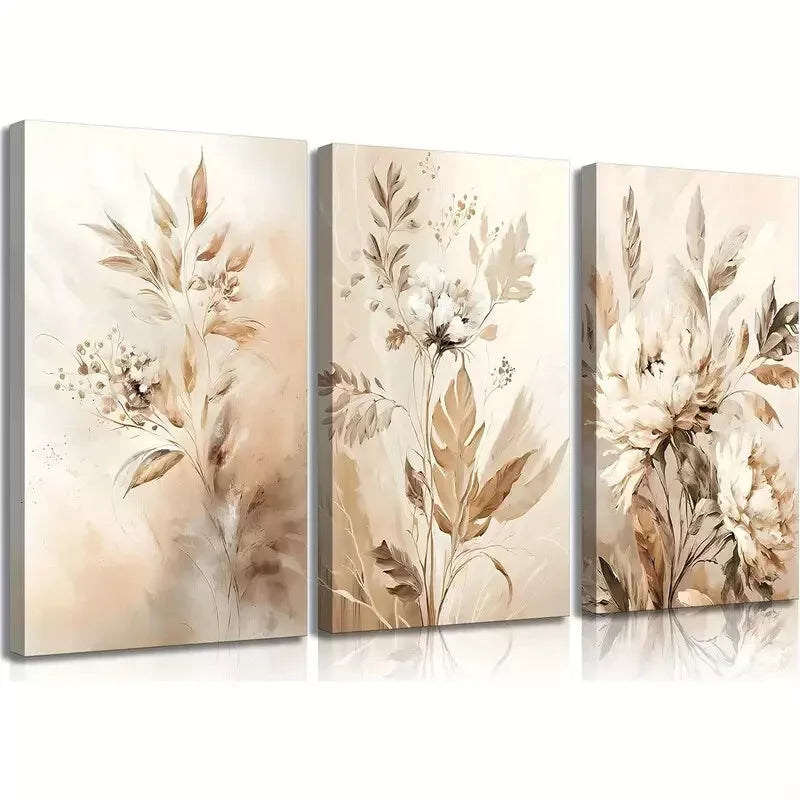 3pcs Neutral Flowers Wildflowers Flowers Plants Canvas Framed 40x60cm - High Quality Print 100% Australian Made Wall Canvas Ready to Hang