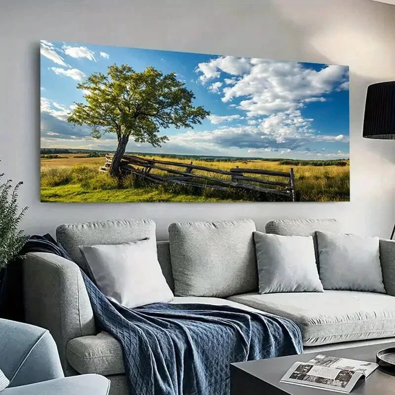 Wooden Fence & Tree Field wall canvas office home room framed 120x60cm - Bella Home Decor