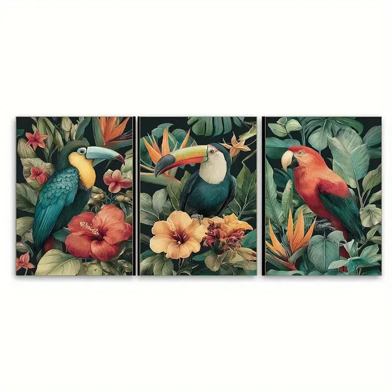 3pcs Tropical Birds in Floral Nature Scenery Wall Art Set Canvas Framed 60x90cm - High Quality Print 100% Australian Made Wall Canvas Ready to Hang