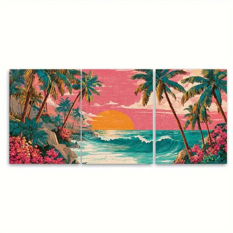 3pcs Puerto Rico Beach Scenery Illustration Wall Art Set Canvas Framed 40x60cm - High Quality Print 100% Australian Made Wall Canvas Ready to Hang