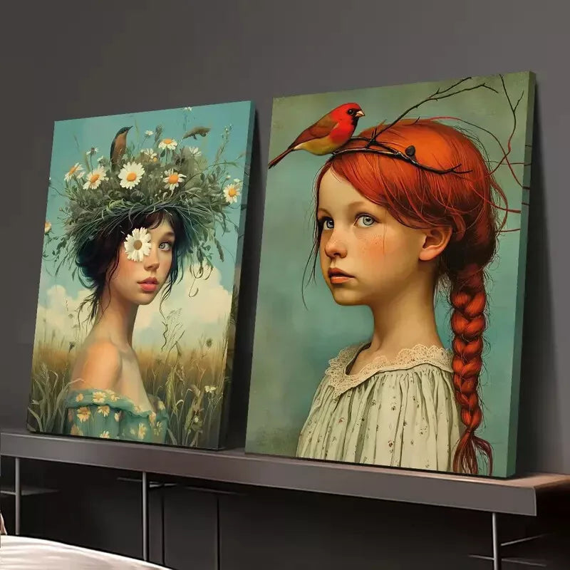 2pcs Woman, Birds, Country Farmhouse Canvas Framed 50x75cm - High Quality Print 100% Australian Made Wall Canvas Ready to Hang