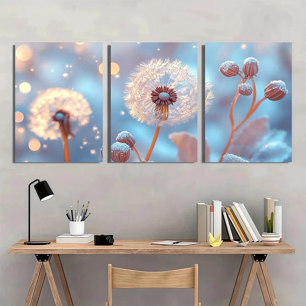 3pcs Vibrant Blue & Golden Dandelion Wall Art Set Canvas Framed 60x90cm - High Quality Print 100% Australian Made Wall Canvas Ready to Hang