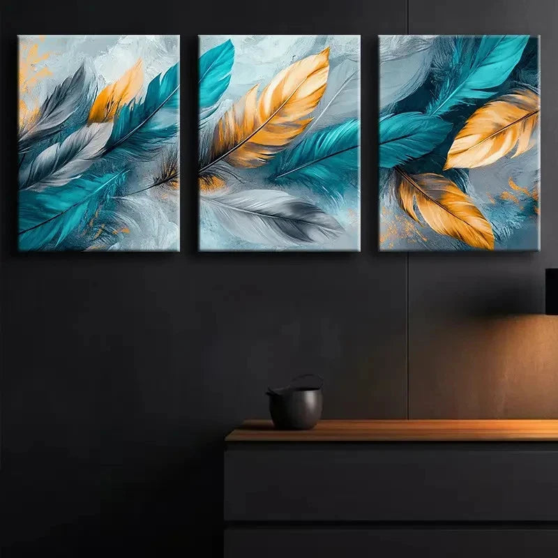 3pcs Flat Luxury Turquoise Feather Wall Art Set Canvas Framed 50x70cm - High Quality Print 100% Australian Made Wall Canvas Ready to Hang