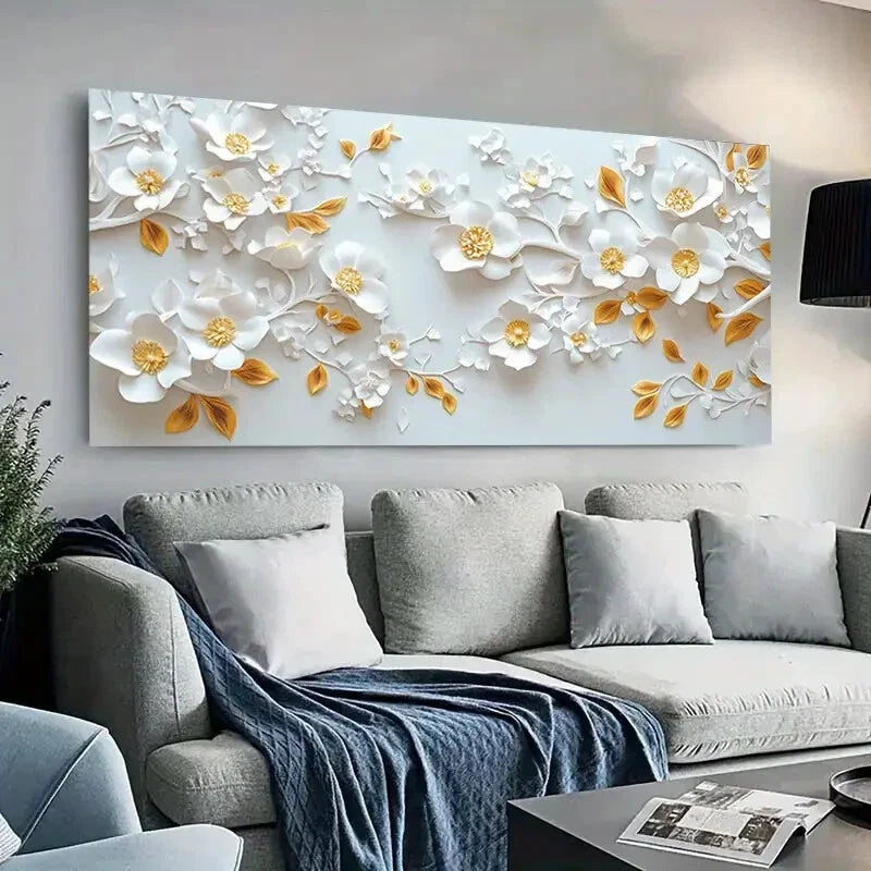 Botanic Gold White Flowers wall canvas office home room framed 120x60cm - Bella Home Decor
