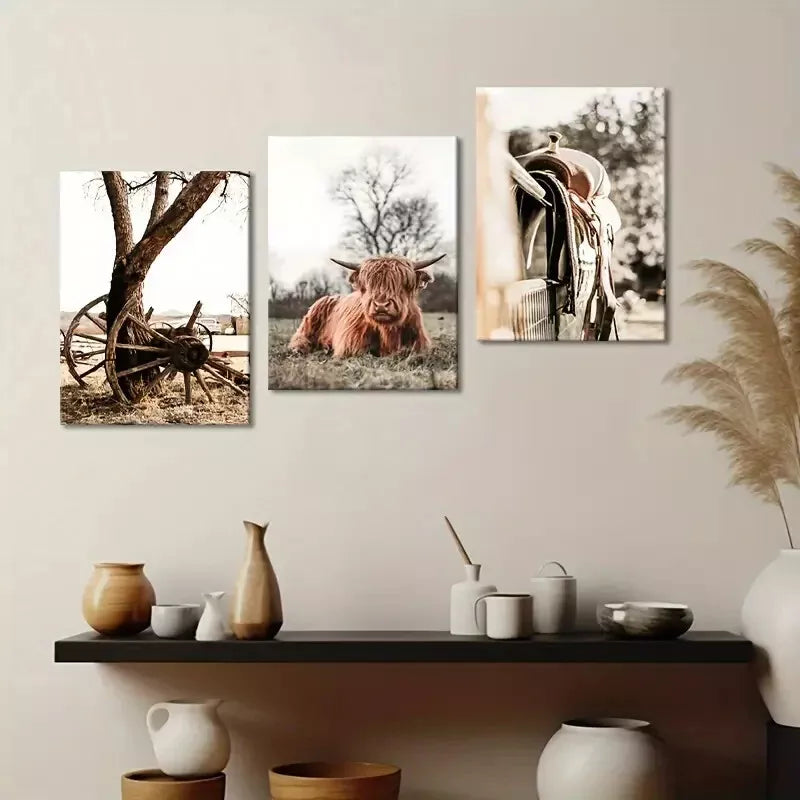 3pcsRural Bohemian Neutral Southwest Style Wall Art Set Canvas Framed 50x70cm - High Quality Print 100% Australian Made Wall Canvas Ready to Hang - Bella Home Decor