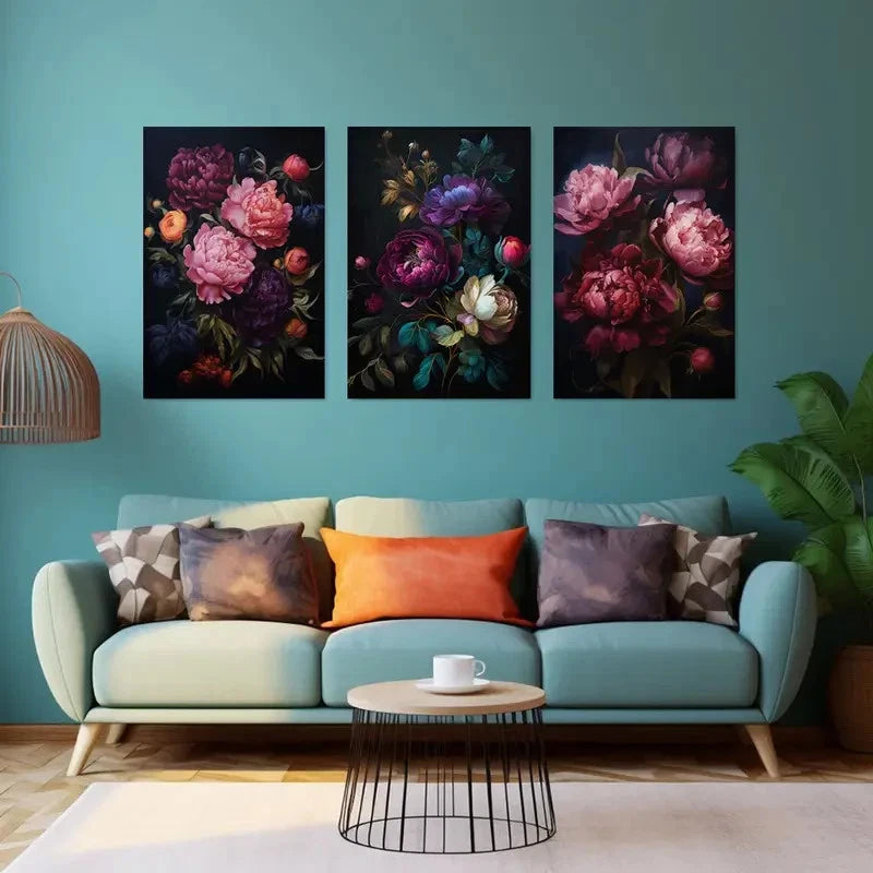 3pcs Dark Floral Peony Wall Art Set Canvas Framed 40x60cm - High Quality Print 100% Australian Made Wall Canvas Ready to Hang